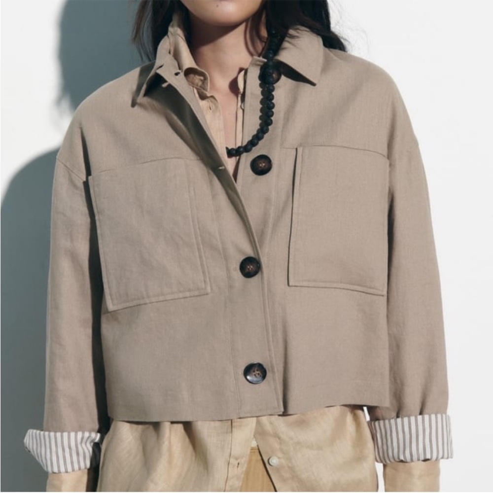Zara Cropped Linen Khaki Jacket NWT for Spring layering.